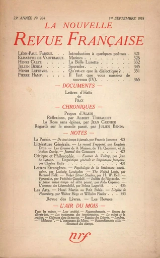 La Nouvelle Revue Française N° 264 (Septembre 1935) -  Collectifs - Editions Gallimard - Revues NRF