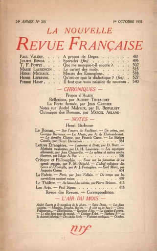 La Nouvelle Revue Française N° 265 (Octobre 1935) -  Collectifs - Editions Gallimard - Revues NRF