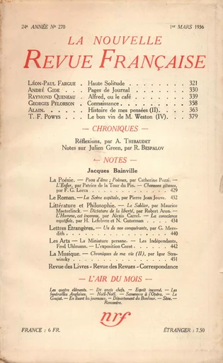 La Nouvelle Revue Française N° 270 (Mars 1936) -  Collectifs - Editions Gallimard - Revues NRF