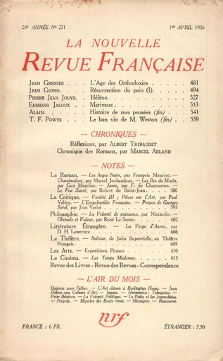 La Nouvelle Revue Française N° 271 (Avril 1936) -  Collectifs - Editions Gallimard - Revues NRF