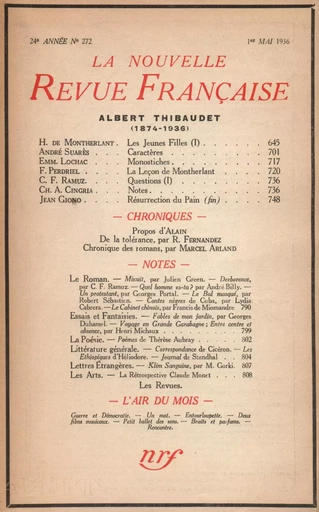 La Nouvelle Revue Française N° 272 (Avril 1936) -  Collectifs - Editions Gallimard - Revues NRF