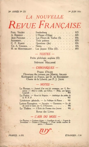 La Nouvelle Revue Française N° 273 (Juin 1936) - André Gide - Editions Gallimard - Revues NRF