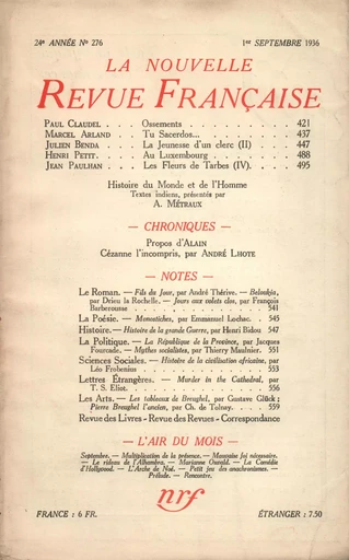 La Nouvelle Revue Française N° 276 (Septembre 1936) - André Gide - Editions Gallimard - Revues NRF