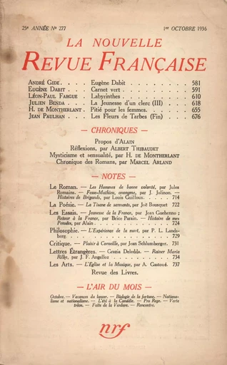 La Nouvelle Revue Française N° 277 (Octobre 1936) -  Collectifs - Editions Gallimard - Revues NRF