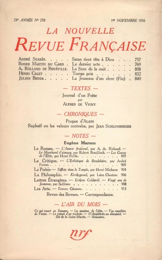 La Nouvelle Revue Française N° 278 (Novembre 1936) -  Collectifs - Editions Gallimard - Revues NRF