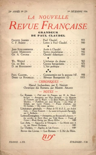 La Nouvelle Revue Française N° 279 (Décembre 1936) -  Collectifs - Editions Gallimard - Revues NRF