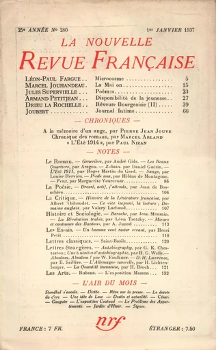 La Nouvelle Revue Française N° 280 (Janvier 1937) - André Gide - Editions Gallimard - Revues NRF