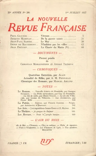 La Nouvelle Revue Française N° 286 (Juillet 1937) -  Collectifs - Editions Gallimard - Revues NRF