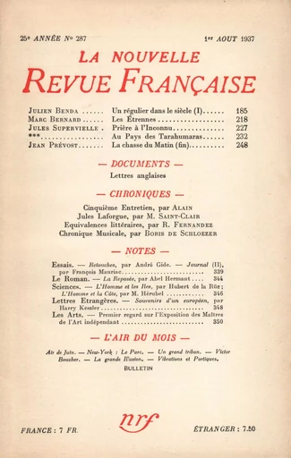 La Nouvelle Revue Française N° 287 (Aoűt 1937) -  Collectifs - Editions Gallimard - Revues NRF