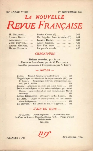 La Nouvelle Revue Française N° 288 (Septembre 1937) -  Collectifs - Editions Gallimard - Revues NRF