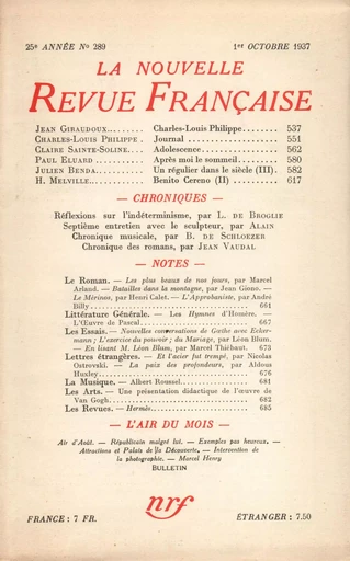 La Nouvelle Revue Française N° 289 (Octobre 1937) -  Collectifs - Editions Gallimard - Revues NRF