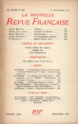 La Nouvelle Revue Française N° 290 (Novembre 1937) - André Gide - Editions Gallimard - Revues NRF