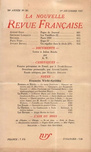 La Nouvelle Revue Française N° 291 (Décembre 1937) -  Collectifs - Editions Gallimard - Revues NRF