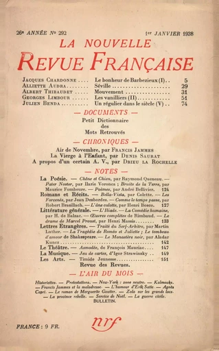 La Nouvelle Revue Française N° 292 (Janvier 1938) -  Collectifs - Editions Gallimard - Revues NRF