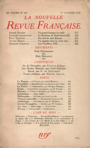 La Nouvelle Revue Française N° 293 (Février 1938) - André Gide - Editions Gallimard - Revues NRF