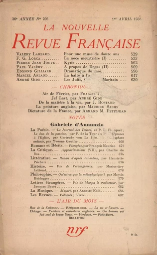 La Nouvelle Revue Française N° 295 (Avril 1938) -  Collectifs - Editions Gallimard - Revues NRF