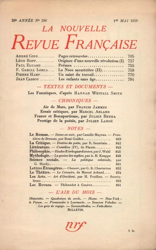 La Nouvelle Revue Française N° 296 (Mai 1938) -  Collectifs - Editions Gallimard - Revues NRF