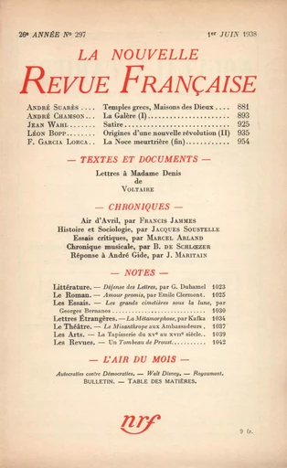 La Nouvelle Revue Française N° 297 (Juin 1938) - André Gide - Editions Gallimard - Revues NRF