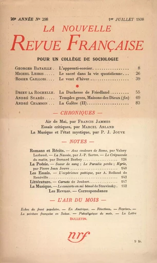 La Nouvelle Revue Française N° 298 (Juillet 1938) - André Gide - Editions Gallimard - Revues NRF