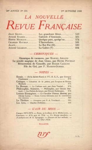 La Nouvelle Revue Française N° 301 (Octobre 1938) - André Gide - Editions Gallimard - Revues NRF