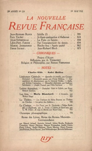 La Nouvelle Revue Française N° 224 (Mai 1932) -  Collectifs - Editions Gallimard - Revues NRF