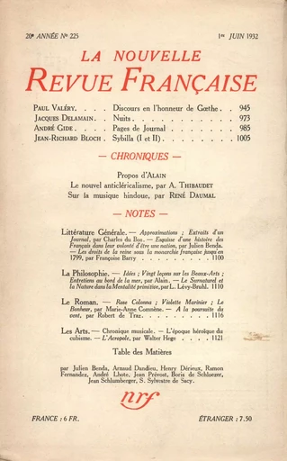 La Nouvelle Revue Française N° 225 (Juin 1932) -  Collectifs - Editions Gallimard - Revues NRF