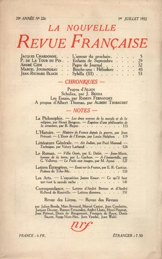 La Nouvelle Revue Française N° 226 (Juillet 1932) - André Gide - Editions Gallimard - Revues NRF