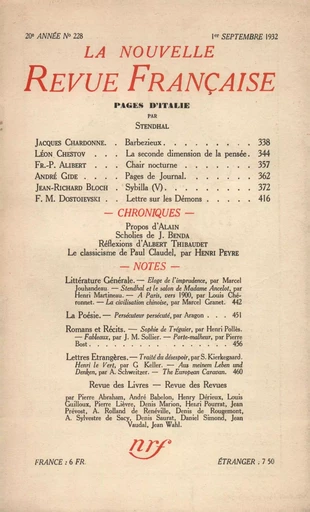 La Nouvelle Revue Française N° 228 (Septembre 1932) -  Collectifs - Editions Gallimard - Revues NRF