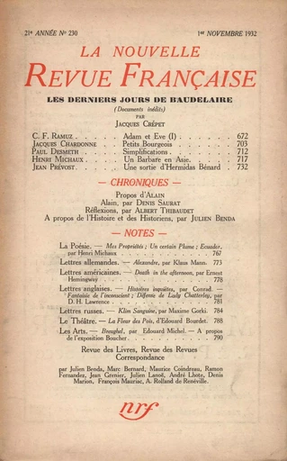 La Nouvelle Revue Française N° 230 (Novembre 1932) -  Collectifs - Editions Gallimard - Revues NRF