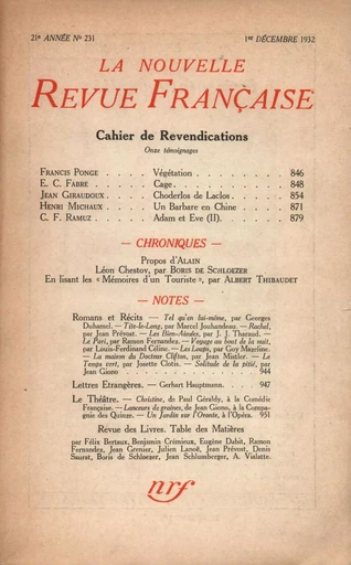 La Nouvelle Revue Française N° 231 (Décembre 1932) -  Collectifs - Editions Gallimard - Revues NRF