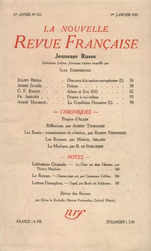 La Nouvelle Revue Française N° 232 (Janvier 1933) -  Collectifs - Editions Gallimard - Revues NRF