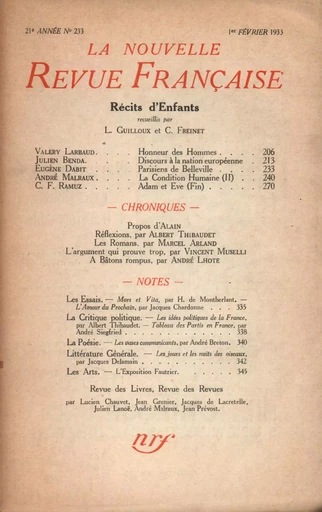 La Nouvelle Revue Française N° 233 (Février 1933) - André Gide - Editions Gallimard - Revues NRF