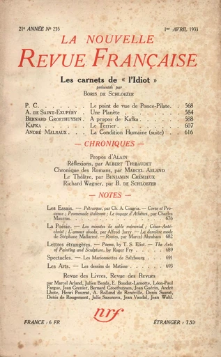 La Nouvelle Revue Française N° 235 (Avril 1933) -  Collectifs - Editions Gallimard - Revues NRF