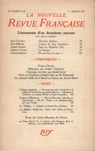 La Nouvelle Revue Française N° 238 (Juillet 1933) - André Gide - Editions Gallimard - Revues NRF