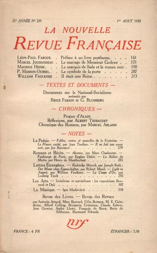 La Nouvelle Revue Française N° 239 (Aoűt 1933) -  Collectifs - Editions Gallimard - Revues NRF