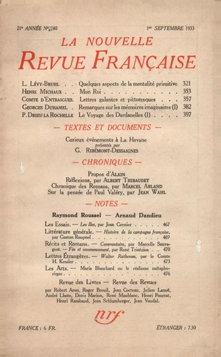 La Nouvelle Revue Française N° 240 (Septembre 1933) - André Gide - Editions Gallimard - Revues NRF