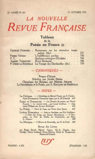 La Nouvelle Revue Française N° 241 (Octobre 1933) -  Collectifs - Editions Gallimard - Revues NRF