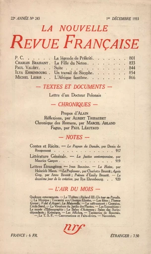 La Nouvelle Revue Française N° 243 (Décembre 1933) -  Collectifs - Editions Gallimard - Revues NRF