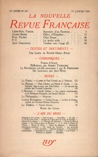 La Nouvelle Revue Française N° 244 (Janvier 1934) -  Collectifs - Editions Gallimard - Revues NRF