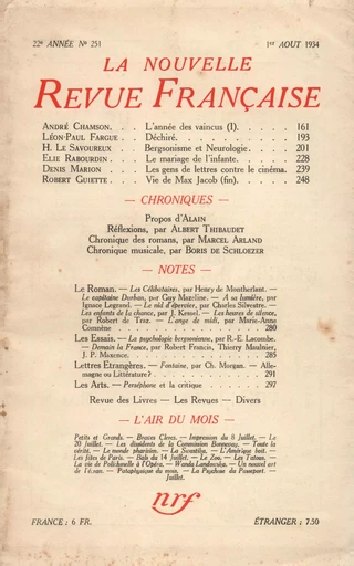 La Nouvelle Revue Française N° 251 (Aoűt 1934) -  Collectifs - Editions Gallimard - Revues NRF