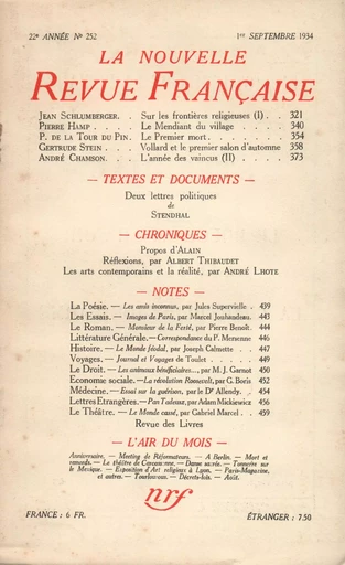 La Nouvelle Revue Française N° 252 (Septembre 1934) - André Gide - Editions Gallimard - Revues NRF