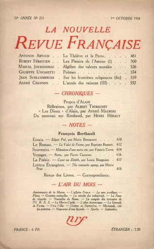 La Nouvelle Revue Française N° 253 (Octobre 1934) - André Gide - Editions Gallimard - Revues NRF