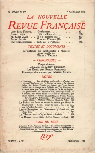 La Nouvelle Revue Française N° 255 (Décembre 1934) -  Collectifs - Editions Gallimard - Revues NRF