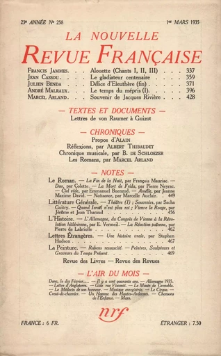 La Nouvelle Revue Française N° 258 (Mars 1935) -  Collectifs - Editions Gallimard - Revues NRF