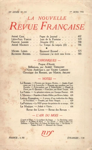 La Nouvelle Revue Française N° 259 (Avril 1935) -  Collectifs - Editions Gallimard - Revues NRF