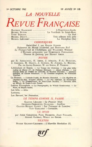 La Nouvelle Revue Française N' 118 (Octobre 1962) -  Collectifs - Editions Gallimard - Revues NRF