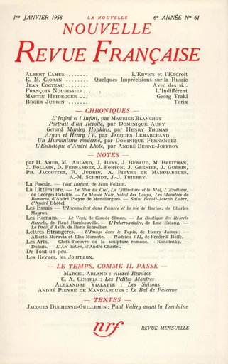 La Nouvelle Nouvelle Revue Française N' 61 (Janvier 1958) - André Gide - Editions Gallimard - Revues NRF