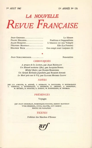 La Nouvelle Revue Française N' 176 (Aoűt 1967) - André Gide - Editions Gallimard - Revues NRF