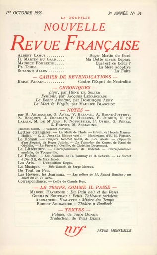 La Nouvelle Nouvelle Revue Française N' 34 (Octobre 1955) -  Collectifs - Editions Gallimard - Revues NRF