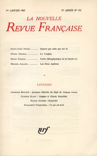 La Nouvelle Revue Française n° 193 (Janvier 1969) -  Collectifs - Editions Gallimard - Revues NRF